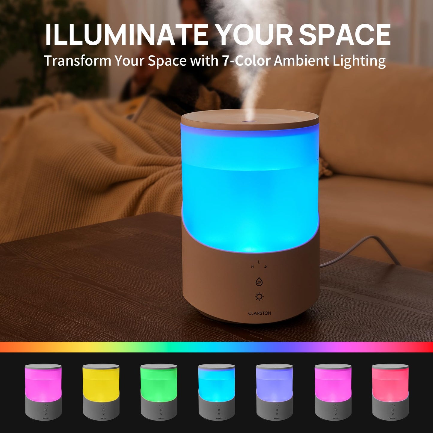 CLARSTON Humidifier for Bedroom, 2.5L Cool Mist Humidifier with Essential Oils Diffuser and Nightlight, Top Fill Humidifiers for Home, Auto Shut-off