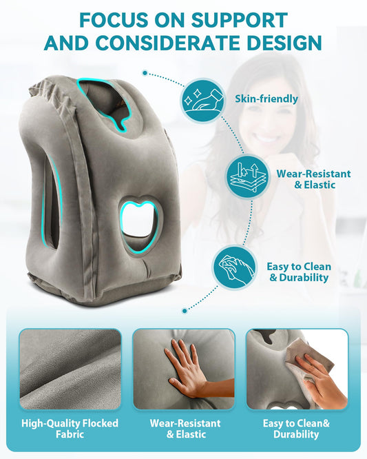 JefDiee Inflatable Travel Pillow, Airplane Neck Pillow Comfortably Supports Head and Chin for Airplanes, Trains, Cars Office Napping on The Tray Table (Grey)