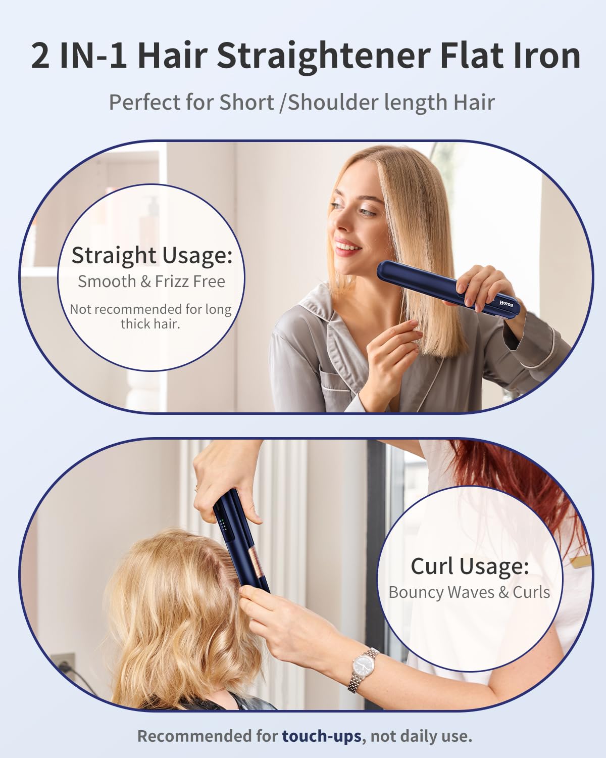 Hoson Cordless Hair Straightener,Portable Mini Flat Iron Travel for Bangs,Short Hair, Rechargeable Curling Iron and Curler 2 in 1,Blue,for Touch Ups