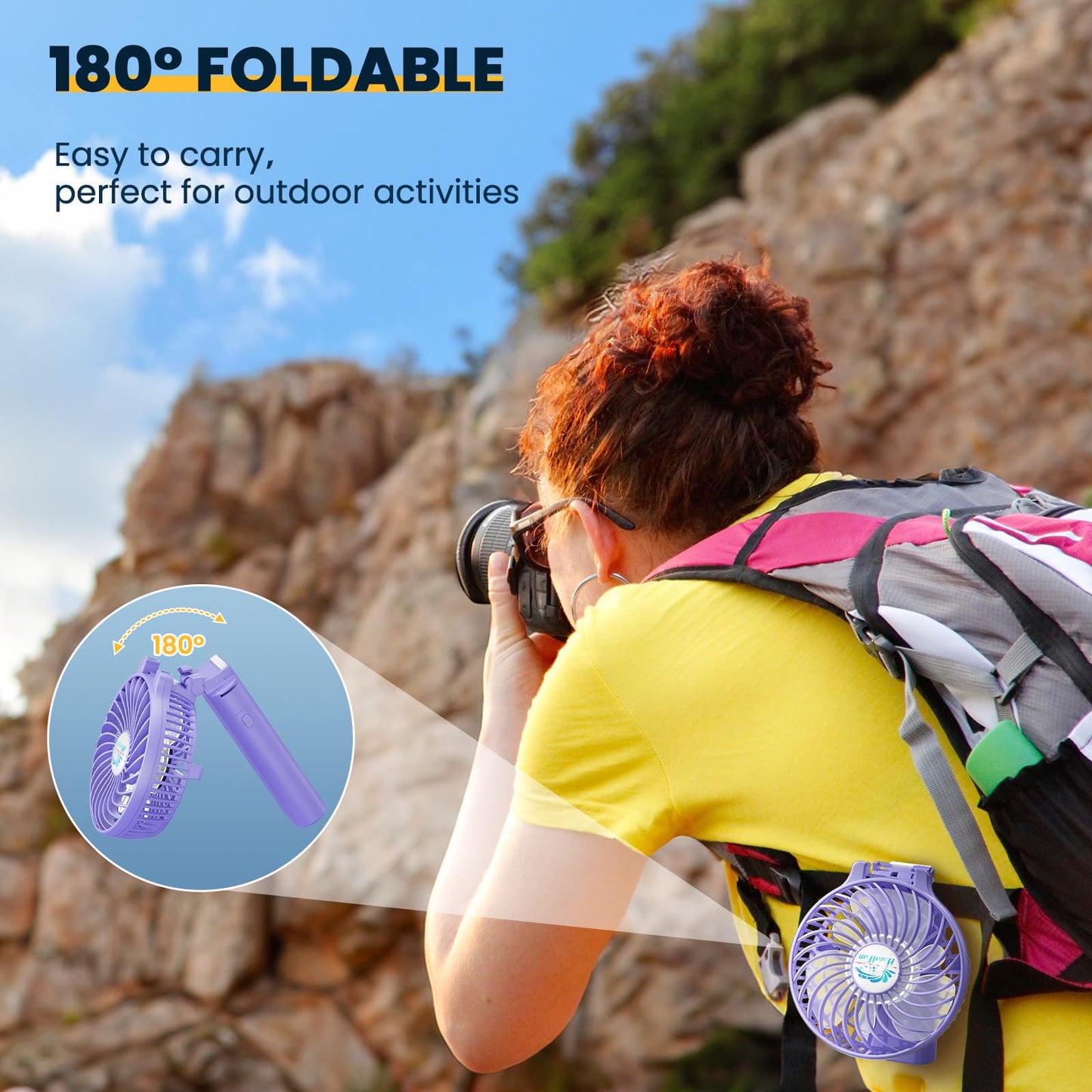 HandFan 5200mAh Handheld Fan Rechargeable, 20H Runtime Hand Fan, 3 Speeds Strong Airflow, Personal 180° Foldable Portable Fans for Travel/Summer/Concerts/Lash/Commute, Gifts for Women (Purple)