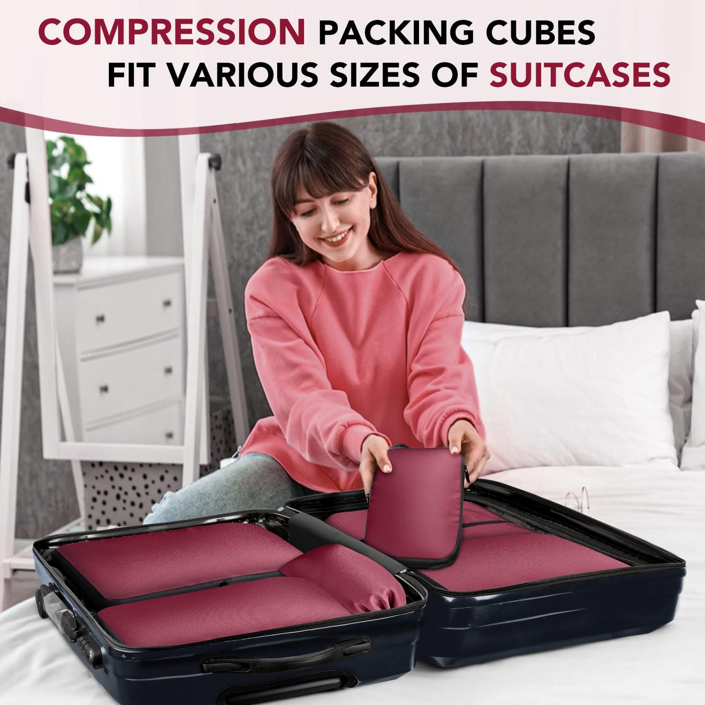 Sowgnaw 4PCS Red Polyester Packing Cubes for Travel, Lightweight Compression Travel Bags - Luggage Suitcase Organizer with Zipper Closure
