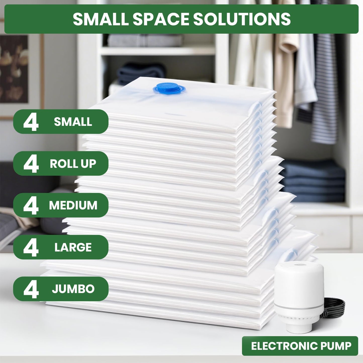 Vacuum Storage Bags,20Pack Vacuum Seal Bags with Electric Air Pump,Vacuumm Seal Bag for Clothing,Travel,Clothes,Comforters,Blankets,Pillows-4 Jumbo+4 Large+4 Medium+4 Small+4 Roll Up Space Saving Bag