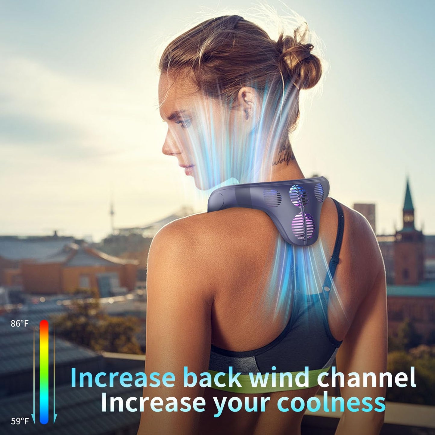 PluvoFan Neck Fan Back-Windy 6000mAh with Cooling Plate Bladeless Portable Thermo-Electric Cooler Rechargeable Camping Essentials for Women Men Outdoor Activities Gardening Walking the Dogs(Navy Blue)