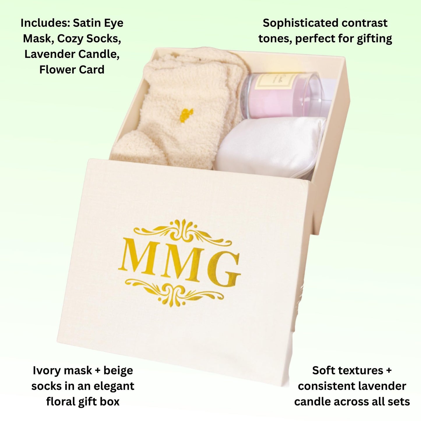 Spa Gift Set for Women – Relaxation Kit with Candle, Fuzzy Socks, Satin Eye Mask – Gift Box for Birthday, Thank You, Bridesmaid (Ivory White)