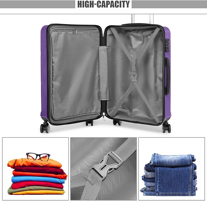 Kono 20'' Carry on Luggage Lightweight with Spinner Wheel TSA Lock Hardside Luggage Durable Small Carry on Suitcase Purple