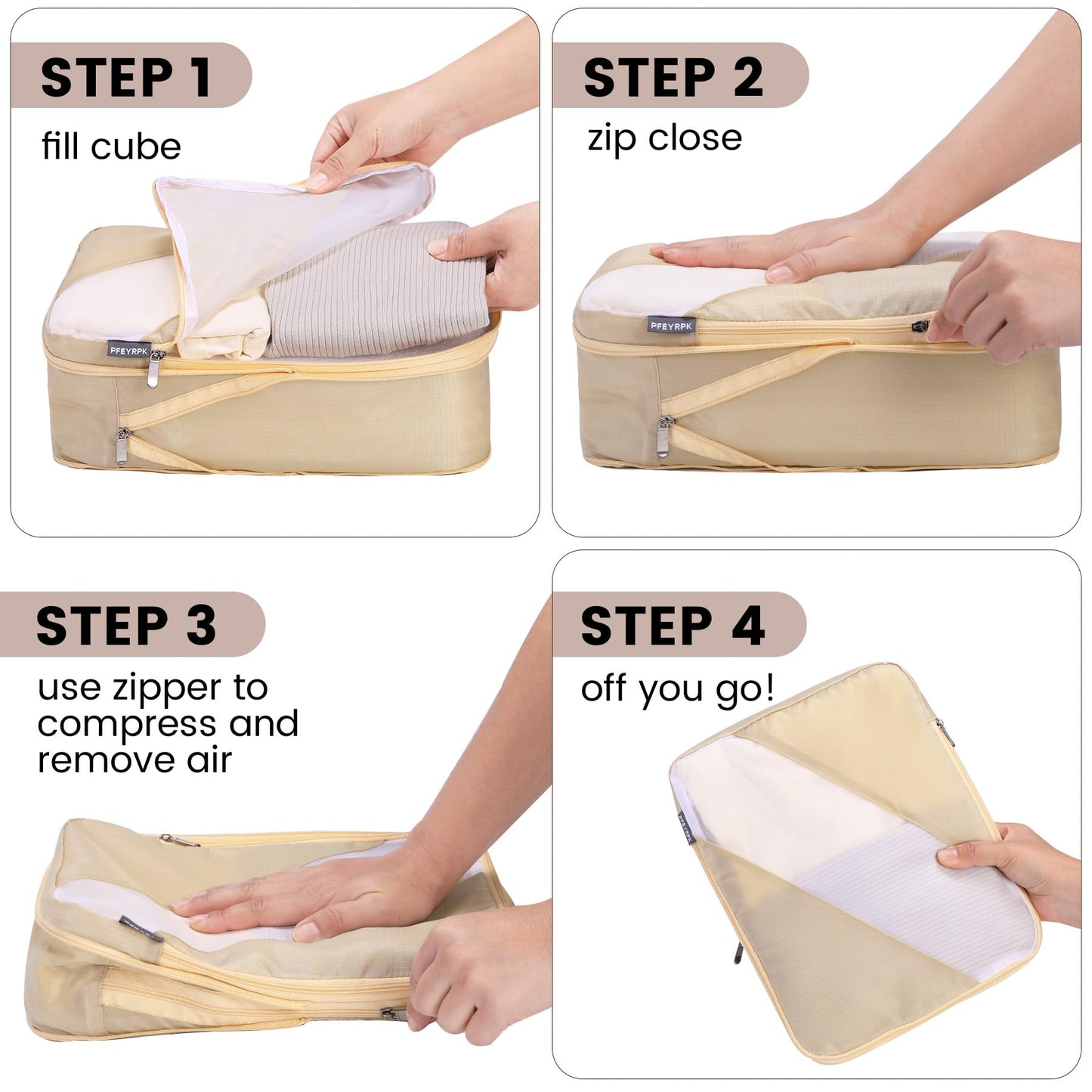 PFEYRPK Travel Packing Cubes, Compression Organizer Set of 4, Lightweight Storage for Suitcase, Vacation, Business Trips (Khaki)