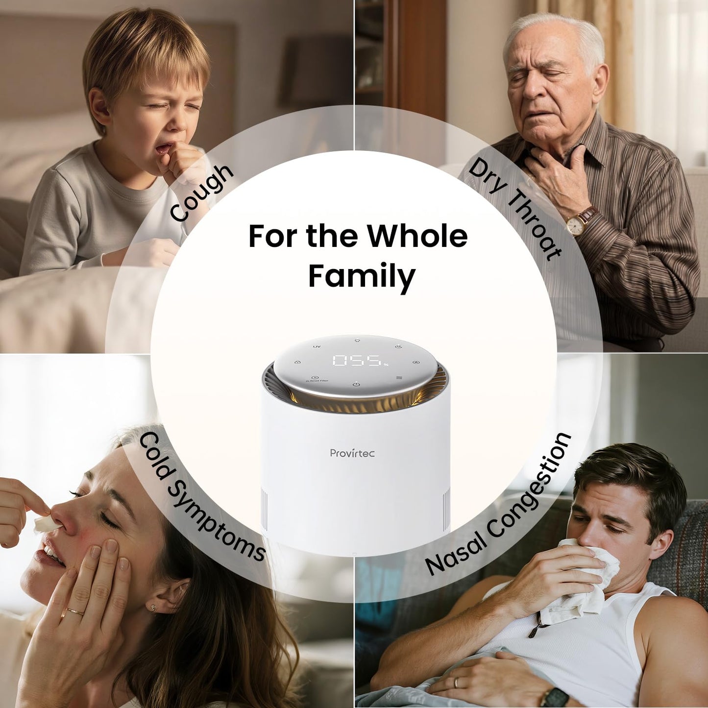 Provirtec MistFree Evaporative Humidifier for Bedroom, 3L No White Dust for Sensitive Individuals & Kids, Auto Humidity Control, Ultra Quiet Sleep Mode, Easy Clean Tank for Office & Small Room HC13