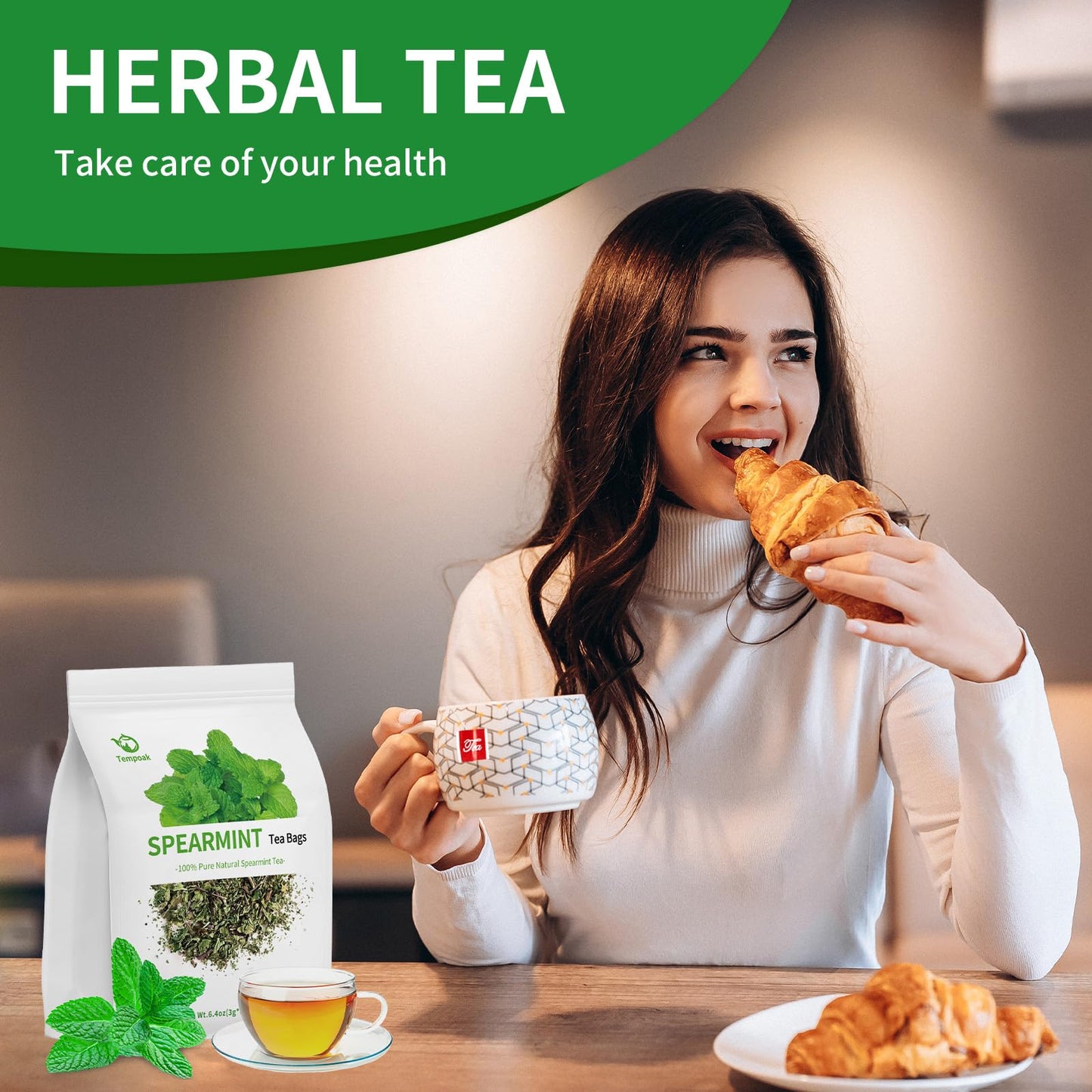 Tempoak Premium Spearmint Tea Bags - 60bags/6.4 Oz 100% Pure & Natural Spearmint Leaves Herbal Tea, Caffeine Free, No Additives, No Sugar, Non-gmo, No Gluten