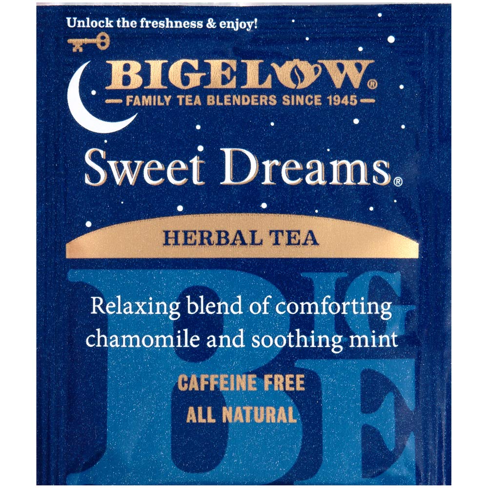 Bigelow Sweet Dreams Herbal Tea 28-Count Box (Pack of 1) Relaxing Blend of Chamomile & Mint Caffeine-Free Nighttime Herbal Tea in Individual Foil-Wrapped Bags