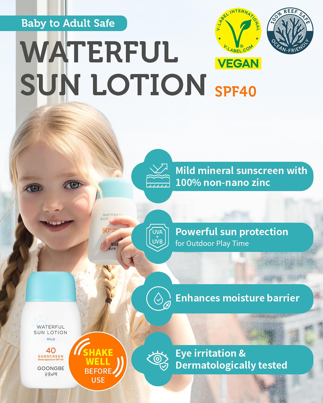 GOONGBE Baby Kids Waterful Sun Lotion SPF 40 & Mild Soothing Gel - Zinc Oxide Mineral Sunscreen & After Sun Relief - Korean Skincare for Sensitive Skin - Vegan Hypoallergenic, 2.82oz & 5.07oz