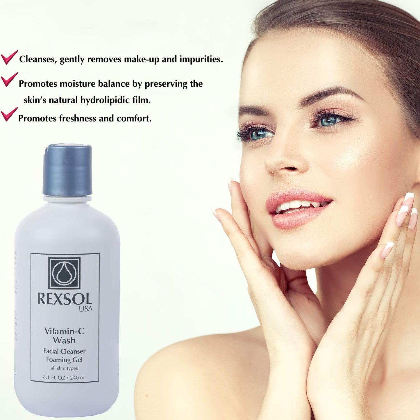 REXSOL Vitamin C Foaming Gel Face Wash | Anti-Aging Cleanser for Sensitive Skin | Natural Daily Facial Cleanser with Vitamins A & E - 8.1 OZ