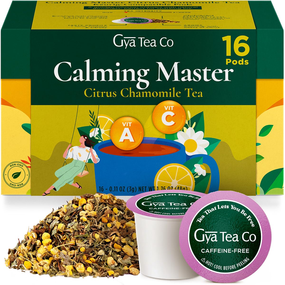 Gya Tea Co Citrus Chamomile Tea Gift Set (16 ct) - Decaf Tea Pod Rich in Vitamin A, C for Nourish & Wellness