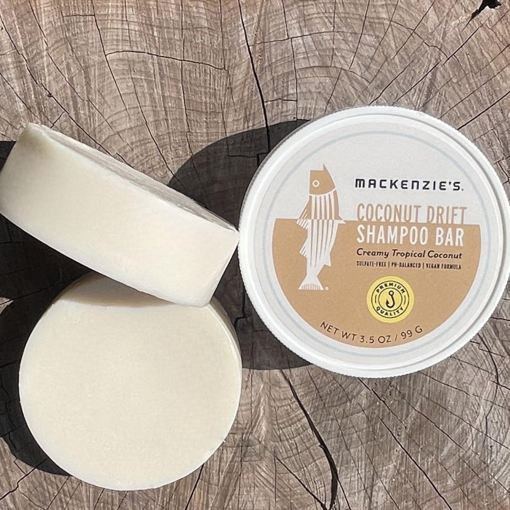 MACKENZIE'S Coconut Drift Shampoo Bar - Gifts for Fishermen - Vegan - Sulfate-Free - Eco Friendly - Zero Waste - Reusable Packaging with Travel Container - 3.5 OZ
