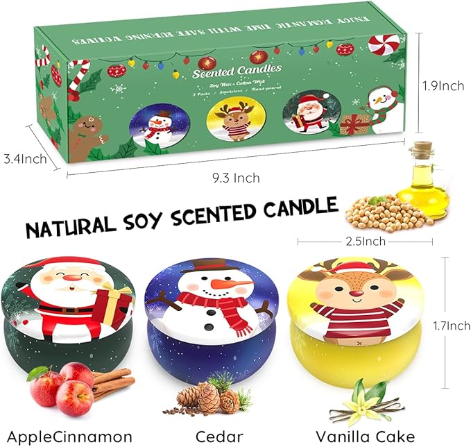 Christmas Scented Candle Set, 3 Pack Natural Soy Candles, 2.5 oz Apple Cinnamon, Cedar, Vanilla Cake, 15-20 Hour Burn Time, Holiday Gift Set for Home Decor Stress Relief and Aromatherapy