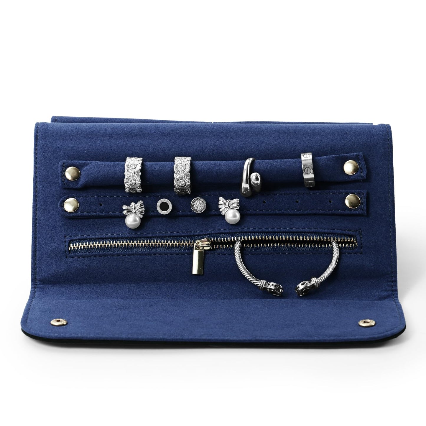 Papten Leather Travel Jewelry Organizer Bag Foldable Jewelry Case with Tangle-Free Pouch, Expandable Jewelry Roll Organizer for Necklaces, Earrings, Rings Storage for Travel Accessories(Black+Blue)