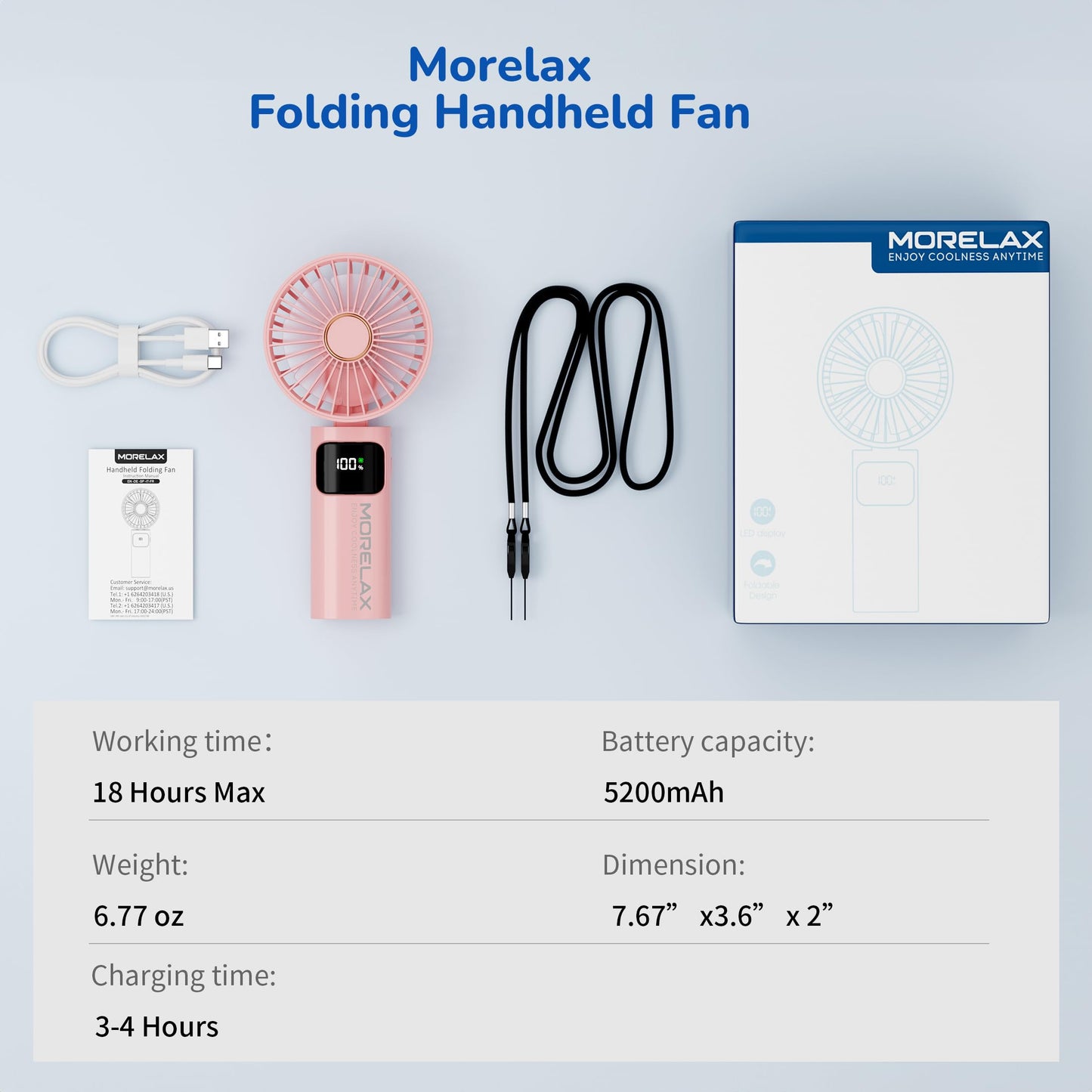 Portable Handheld Fan, USB Rechargeable Foldable Mini Personal Fan, 5200mAh, 180 Adjustable, 6 Speed Wind, 3 IN 1 Hand Cooling Desk Fan with LED Display for Home Office School Outdoor Travel, Pink