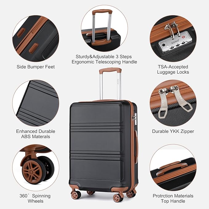 Kono Luggage Set 3 Piece Carry On Hardside Luggage with TSA Lock Spinner Wheels Carry On Suitcase Apricot Black
