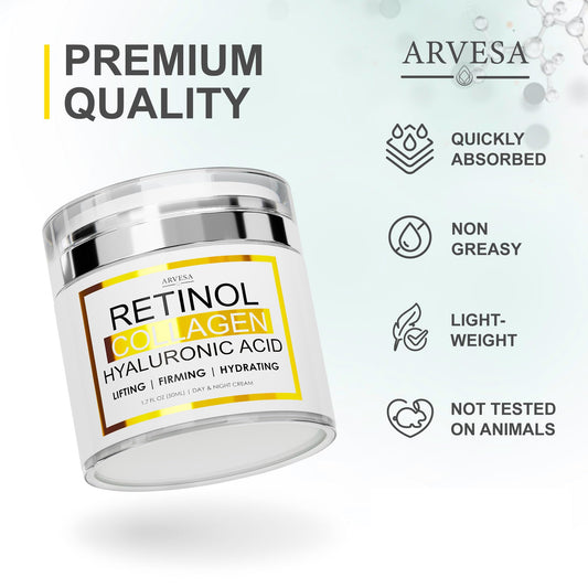 Retinol Cream for Face with Collagen and Hyaluronic Acid - Anti Aging Wrinkle Cream for Women and Men - Day and Night Facial Moisturizer for Tightening and Skin Firming - Crema Hidratante Para la Cara