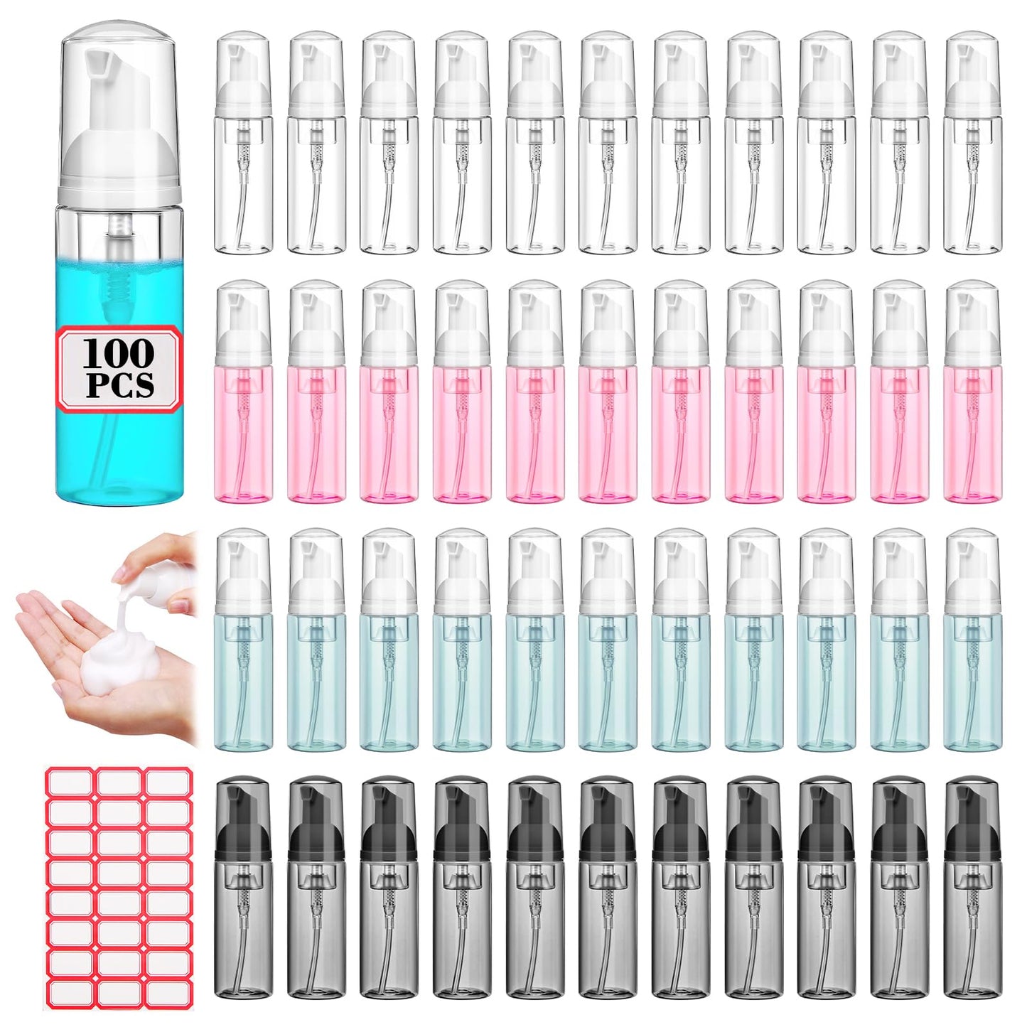 AMORIX 100 Pcs 2 oz Plastic Foam Pump Bottle Refillable 60ml Travel Mousse Foaming Soap Dispenser Mini Eyelash Cleaning Foam Bottle Dispenser for Face Wash Lash Shampoo Skin Care