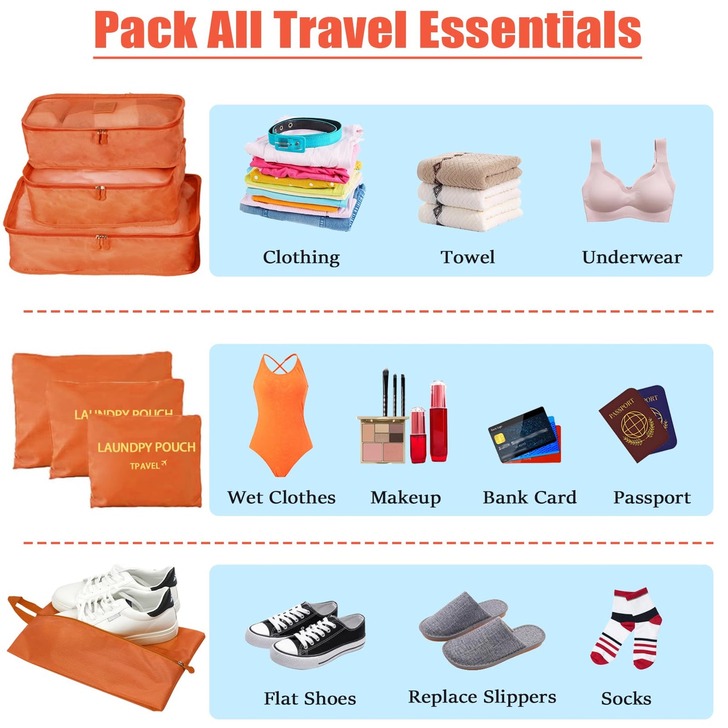 7 Set Packing Cubes for Travel Luggage Packing Bags Reusable Waterproof Suitcase Organizer Bags Set with Shoe Bag and Toiletry Bag (Orange)