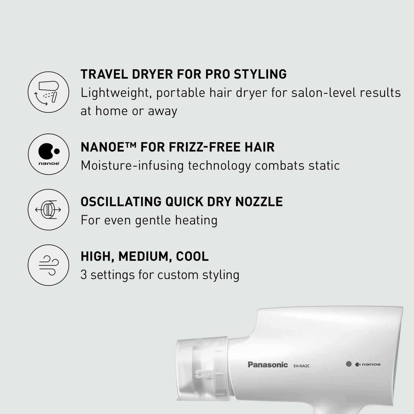 Panasonic nanoe Compact Hair Dryer with Oscillating Quick Dry Nozzle for Healthier-Looking Hair, Folding Blow Dryer for Travel and Home, 3 Airflow Settings - EH-NA2C-W (White)