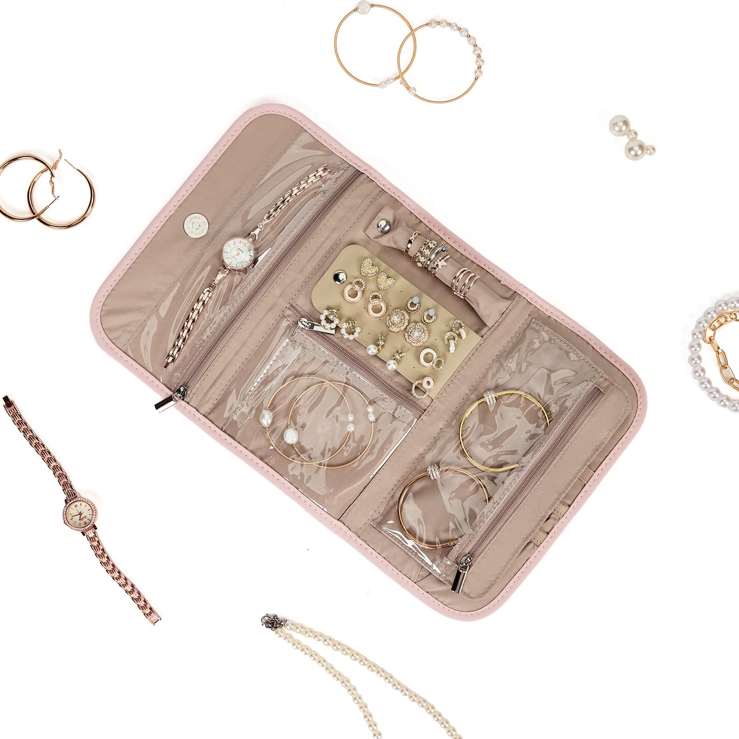 NISHEL Travel Jewelry Organizer Case, Foldable Storage Roll for Necklaces, Earrings, Bracelets, Rings, Watch, Pink