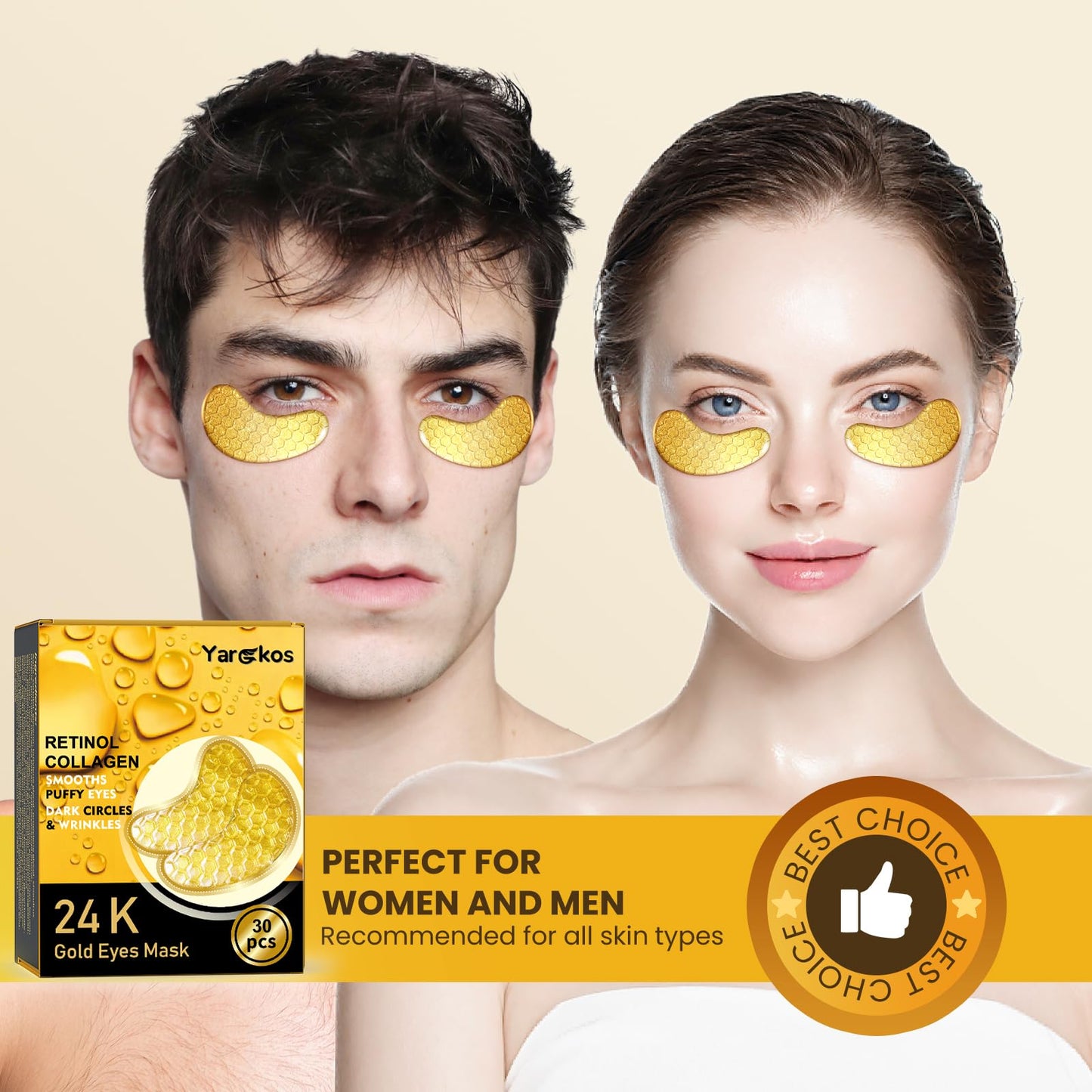 Yargkos 30 Pcs 24K Gold Under Eye Patches Kit, Collagen Golden Eye Mask for Puffy Eyes, Dark Circles, Women Travel Undereye Gel Pads for Puffiness Wrinkle, Men Cooling Hydrating Eye Skin Care