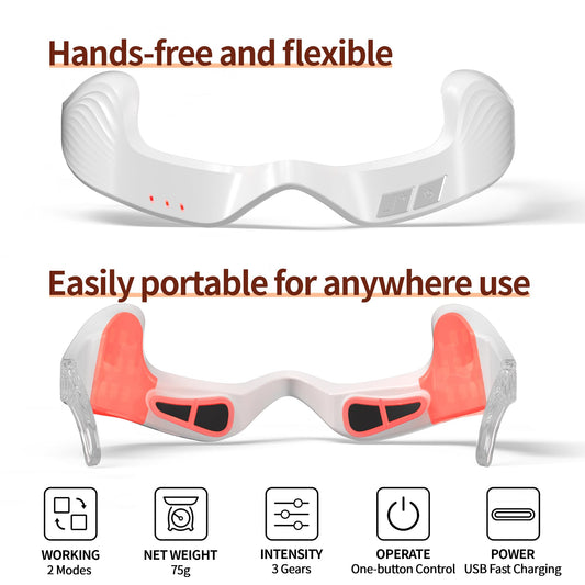 Queleay Under Eye Red Light Therapy Device, 650nm Red Light Therapy Eye Massager for Relieve Eye Bags, Eye Fatigue, Dark Circles, with Glasses Strap, Light-Weight, Hands-Free Use