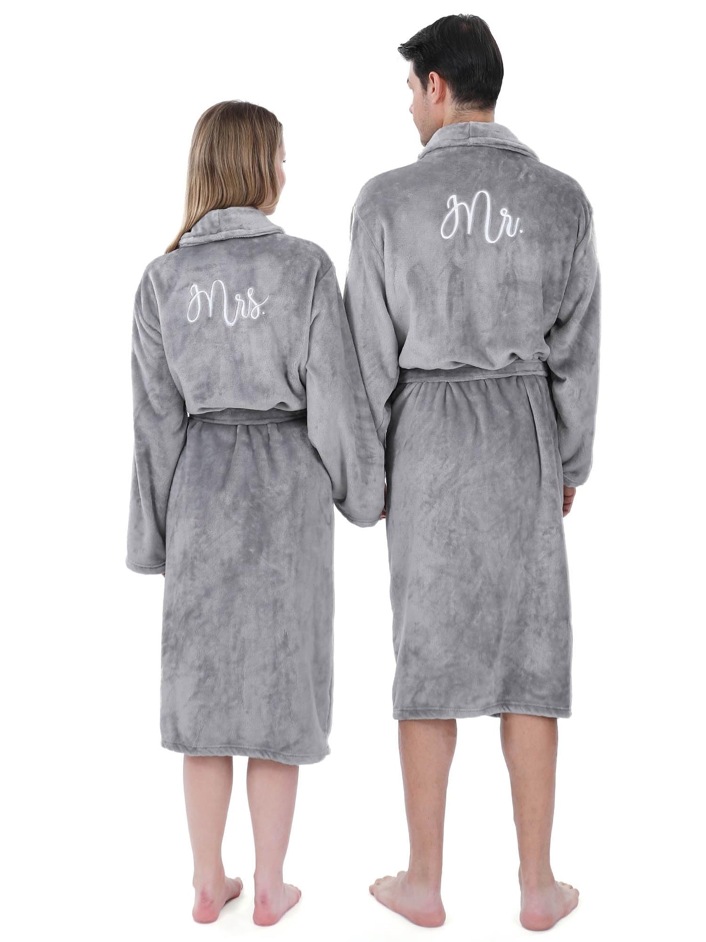 Jecery 2 Pcs His and Hers Robes for Couples Mr and Mrs Bathrobes Flannel Embroidered Matching Robes Wedding Engagement Gifts(Gray)