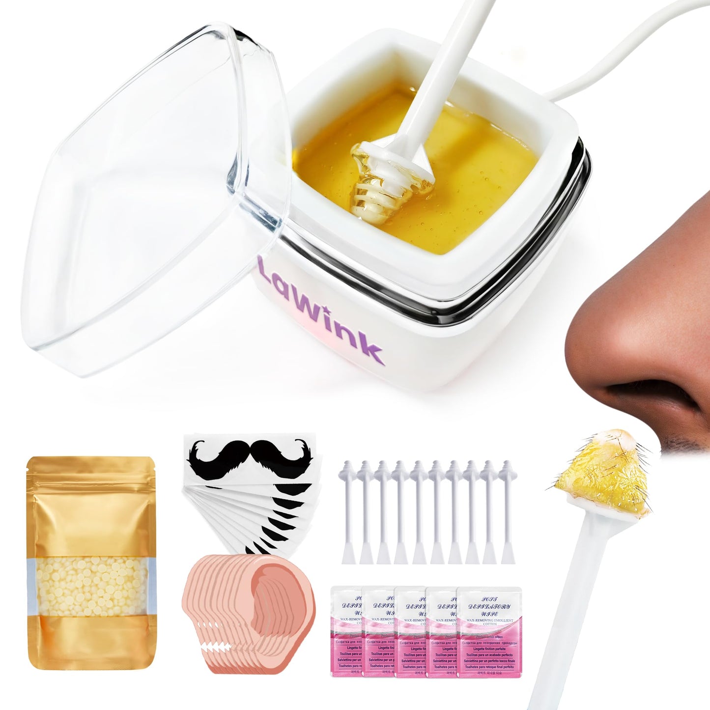 LaWink Nose and Ear Wax Kit Men,Mini Waxing Warmer Travel Waxing Warmer for Hair Removal, Eyebrow Waxing Kit for Women, with 100g Wax Beans, 15-20 Times, Silicone Pots, Usb Rapid Heating, Painless