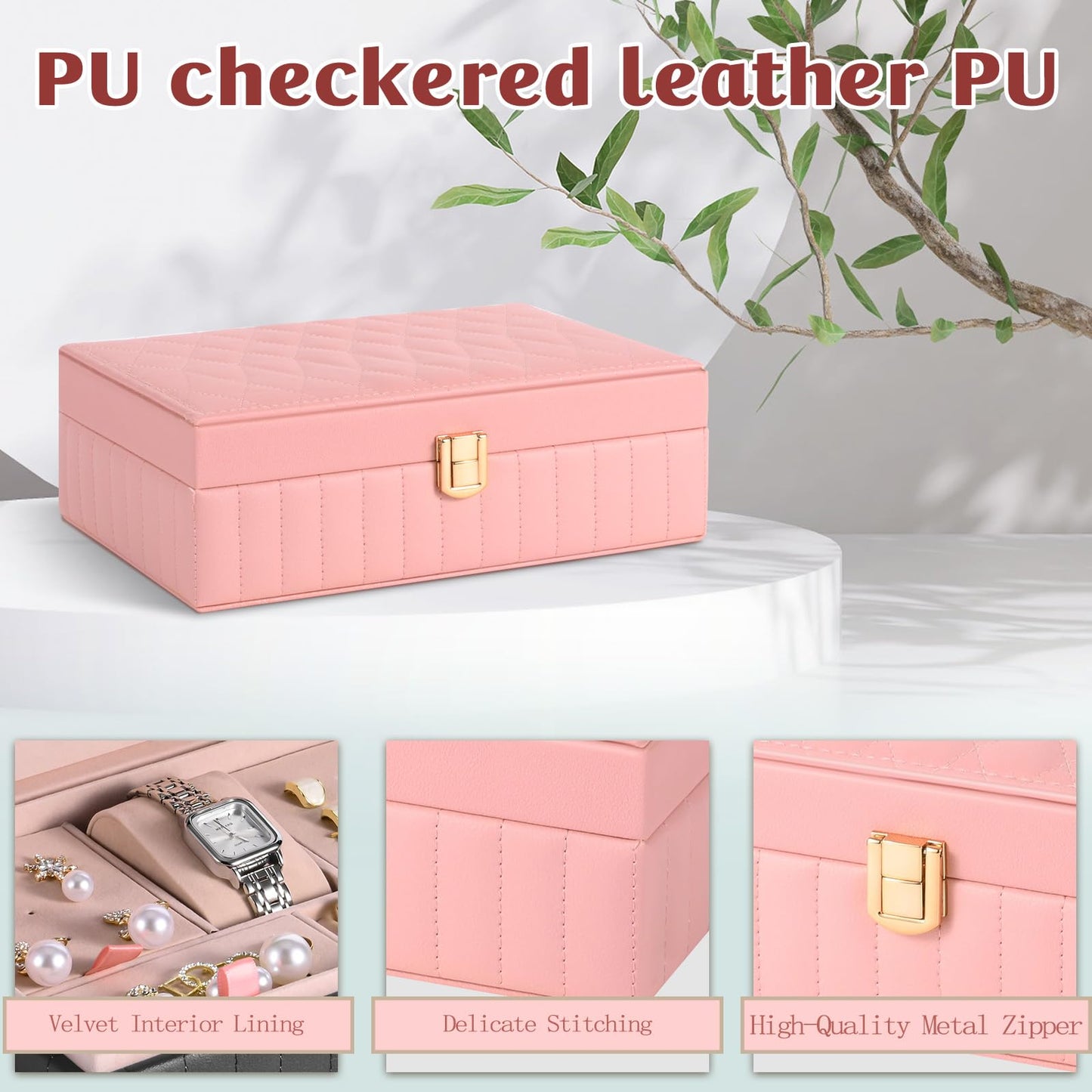 Emazerom PU Leather Travel Jewelry Case Twill Jewelry Organizer Box with Mirror 8.86 x 5.9 x 2.8 Inch Premium Portable Earrings Necklace Ring Storage Holder Display Gift (Pink)