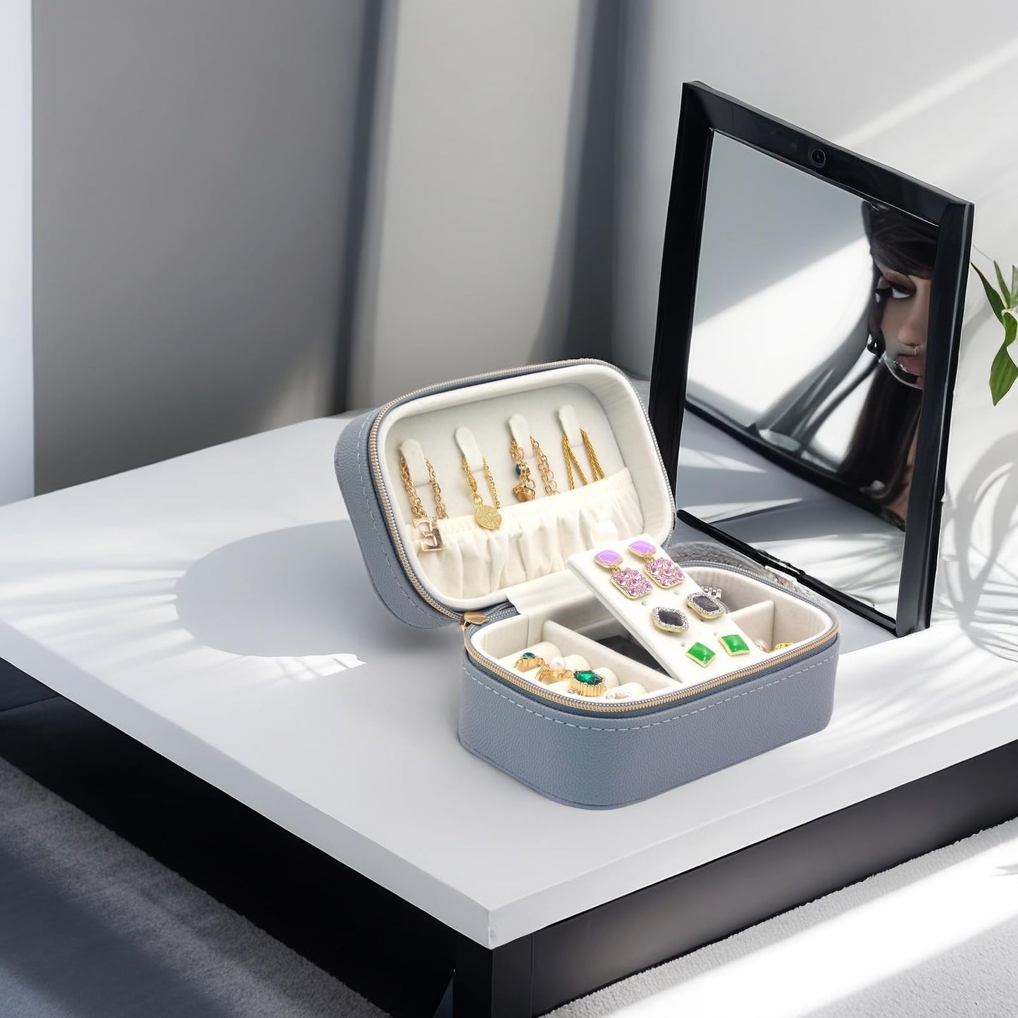 Betviv Travel Jewelry Box, Small Blue Case for Business Travel, PU Leather Compact Size, Curated Storage for Daily Jewelry | Dual-Zipper & Hidden Compartment | Anti-Tarnish Protection