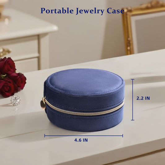 CONBOLA Travel Jewelry Case Small Jewelry Box for Women Girls,Round Velvet Jewelry Travel Organizer,Portable Jewelry Box for Rings Earrings Necklaces Bracelets.(Blue,Large)