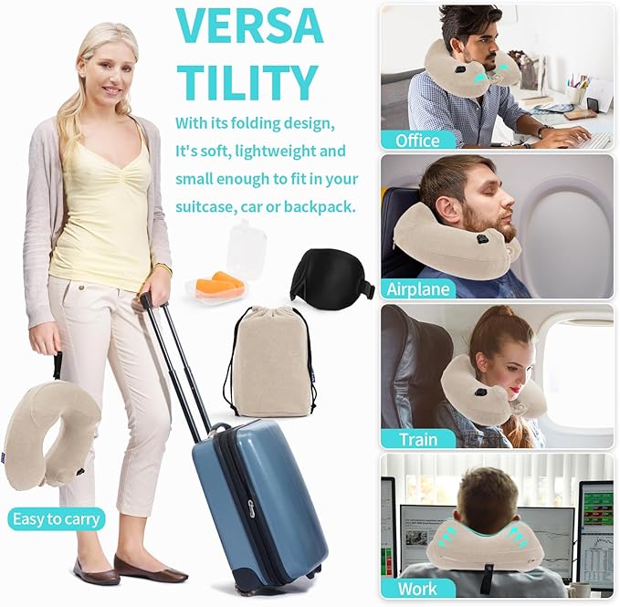 Inflatable Travel Neck Pillow for Airplane, Head Support Velvet Adult Neck Pillow for Long Flight, Kit with Eye Mask, Earplugs and Storage Bag,1, Beige