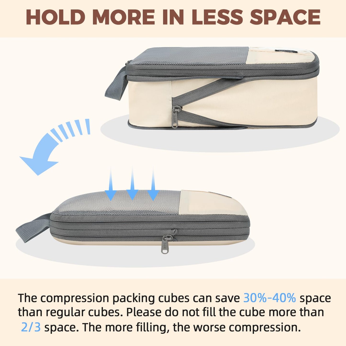 BAGAIL 6 Set/4 Set Lightweight Compression Packing Cubes for Travel, Anti-Tearing Expandable Organizer Bags for Suitcase(6 Set, Beige)