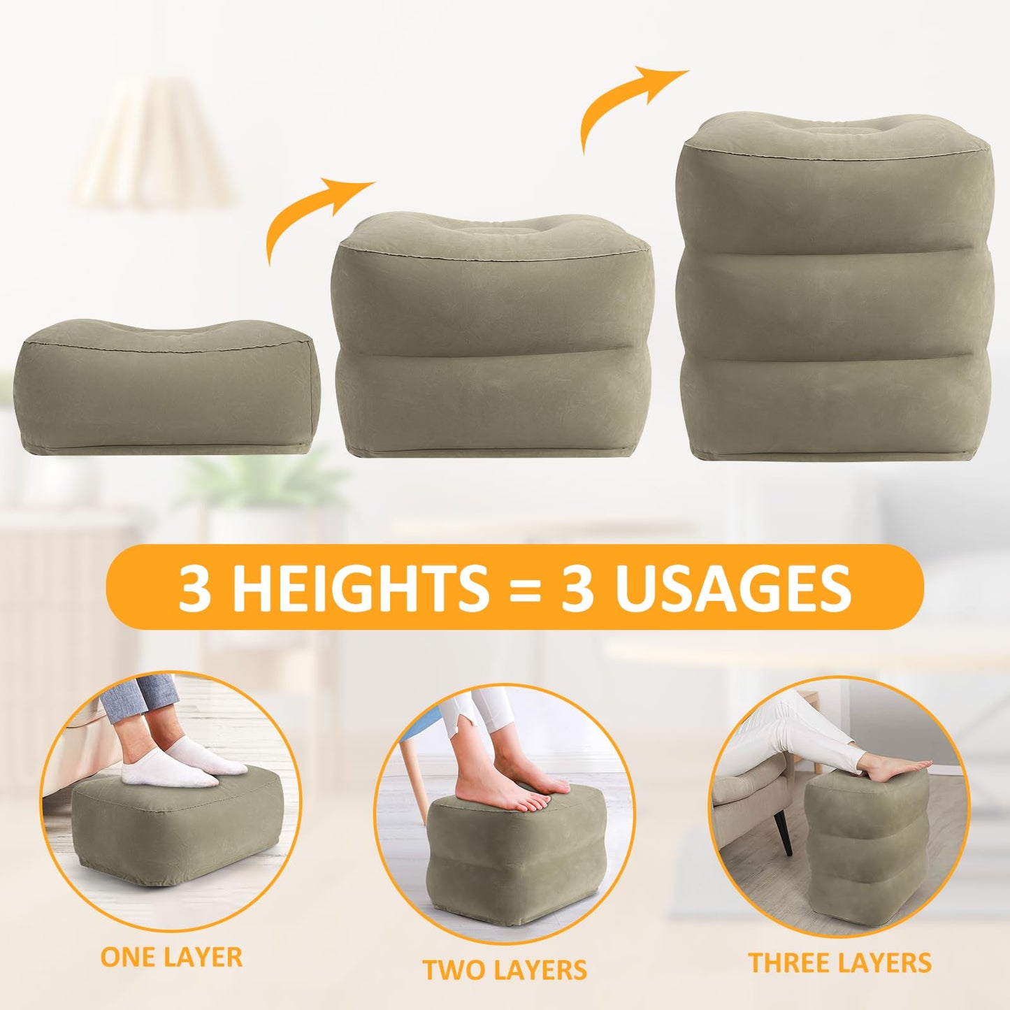 Inflatable Foot Rest Pillow for Travel - Adjustable Height Flight Foot Rest with Eye Mask and Earplugs for Kids & Adults on Airplane, Car, Train, Office, and Home (Gray, 2 PCS)