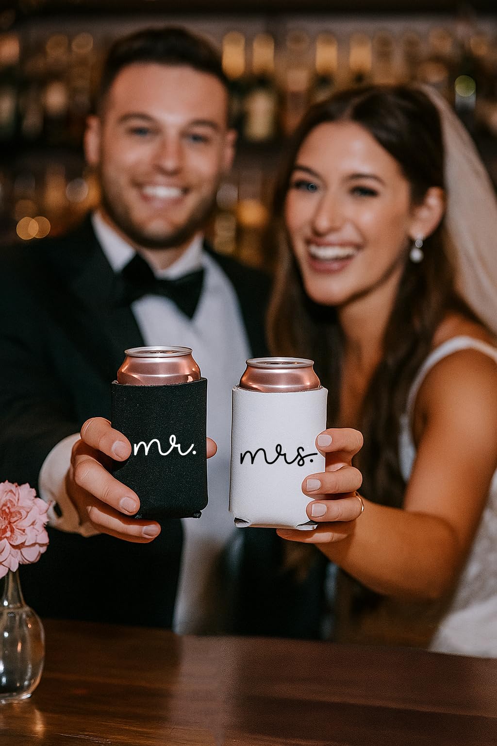 Pink Palm Co. Wedding Set of 2 Can Coolers | Can Holders for Bride and Groom | Beverage Insulators for Newlyweds | Wedding Toast | Engagement Party | Honeymoon (Mr. & Mrs.)