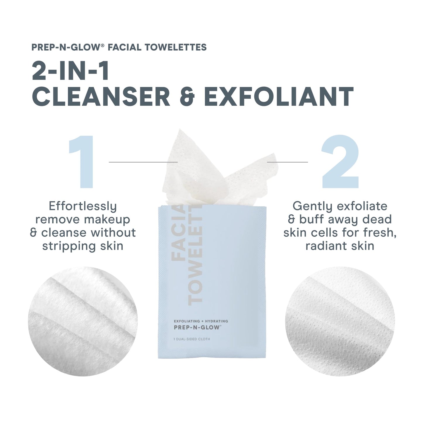 NuFACE Prep-N-Glow Facial Towelettes - 2-in-1 Exfoliating + Cleansing Makeup Remover Wipes, Hyaluronic Acid Travel Face Wipes to Hydrate & Brighten for Glowing Skin - 5 Individually Wrapped Cloths