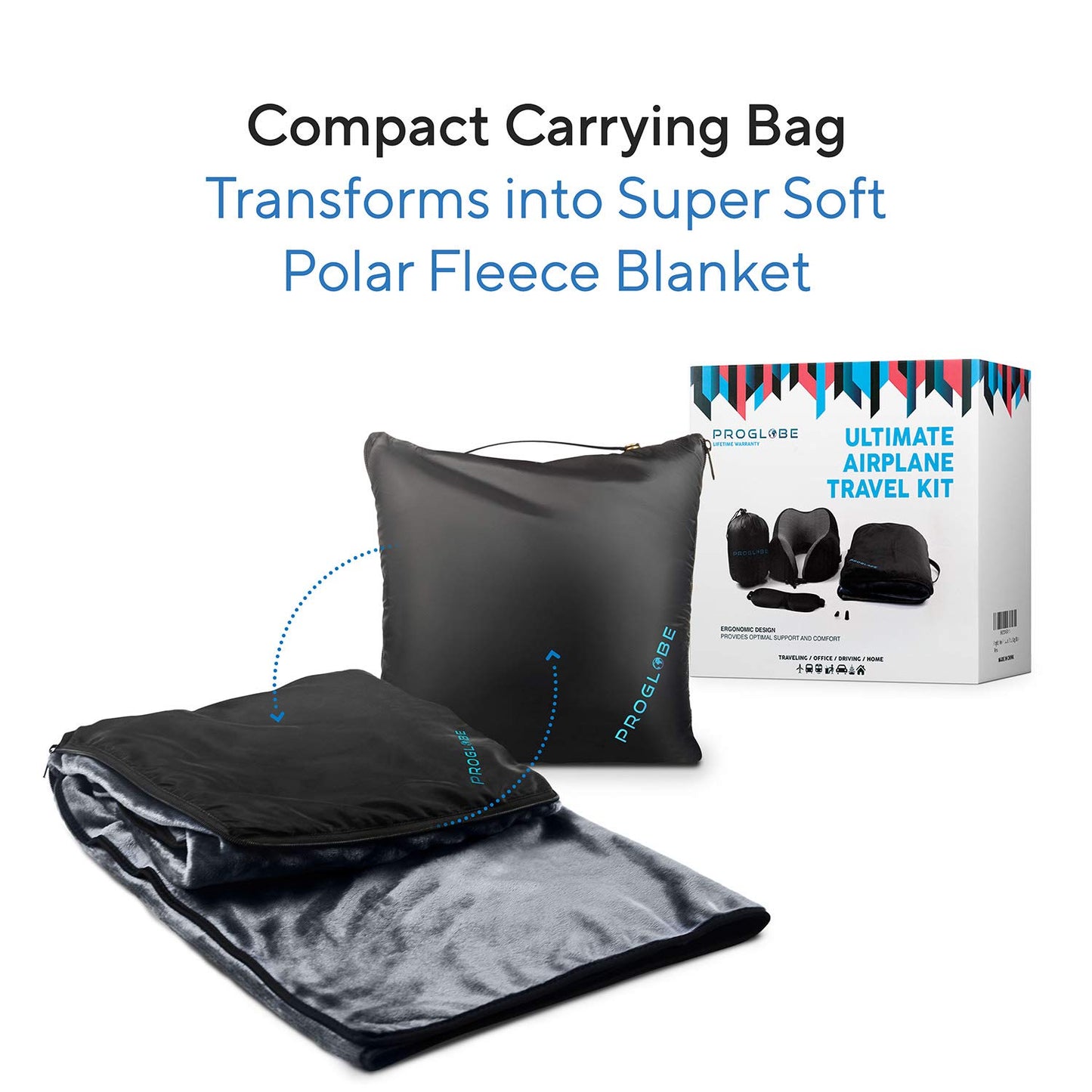 Proglobe Travel Blanket Luxury Travel Set - Ergonomic Airplane Neck Pillow 100% Pure Memory Foam and Super Soft Fleece Blanket - Premium 3D Sleep Mask & Earplugs - Ultimate 4-in-1 Traveling Kit Black