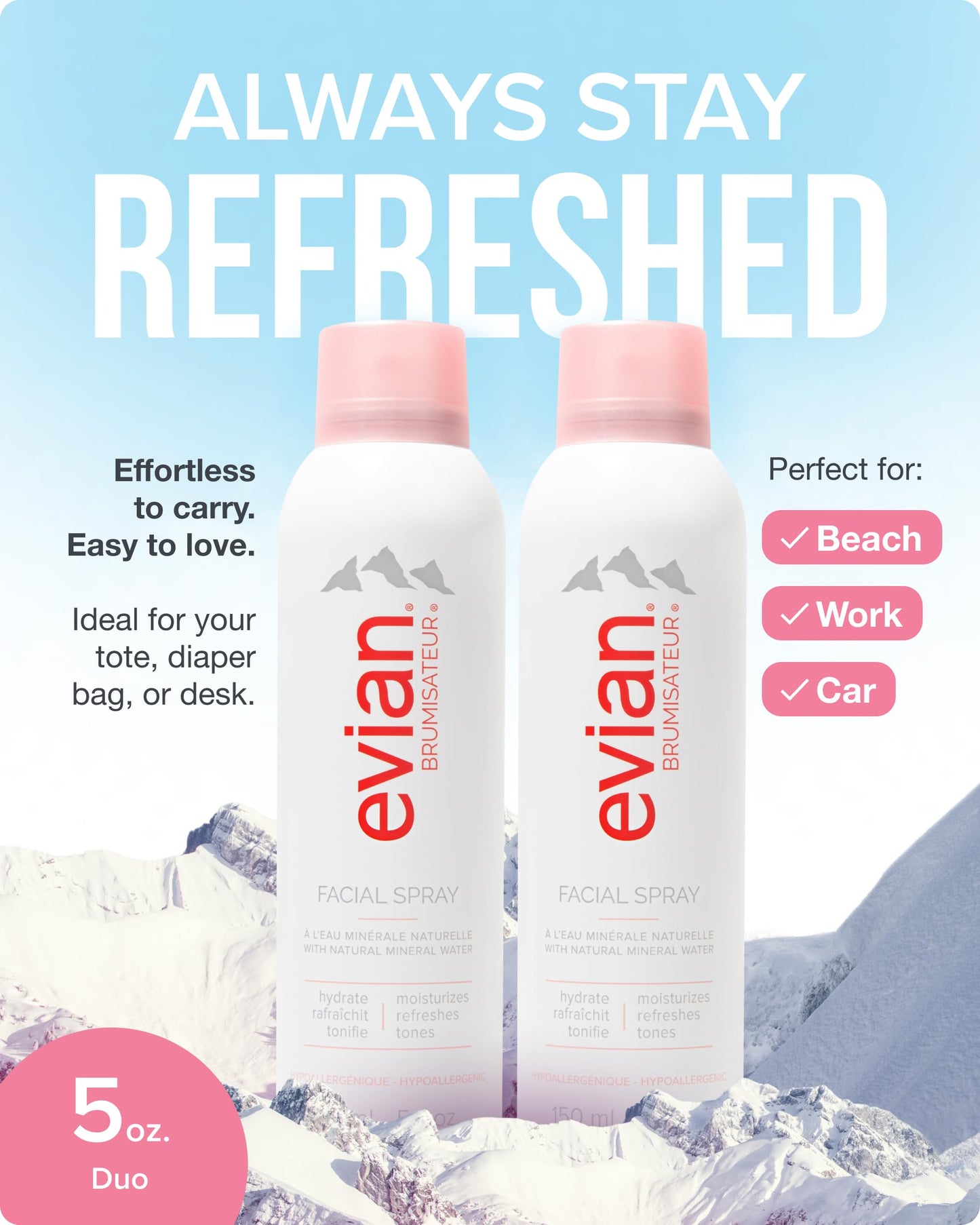 Evian Facial Spray 5 oz Duo Hydrating Mineral Water Mist for Face & Skin Refreshes Makeup, Sets, & Tones Facial Spray Twin Pack for Daily Skincare and Lightweight Facial Moisturizer Mist