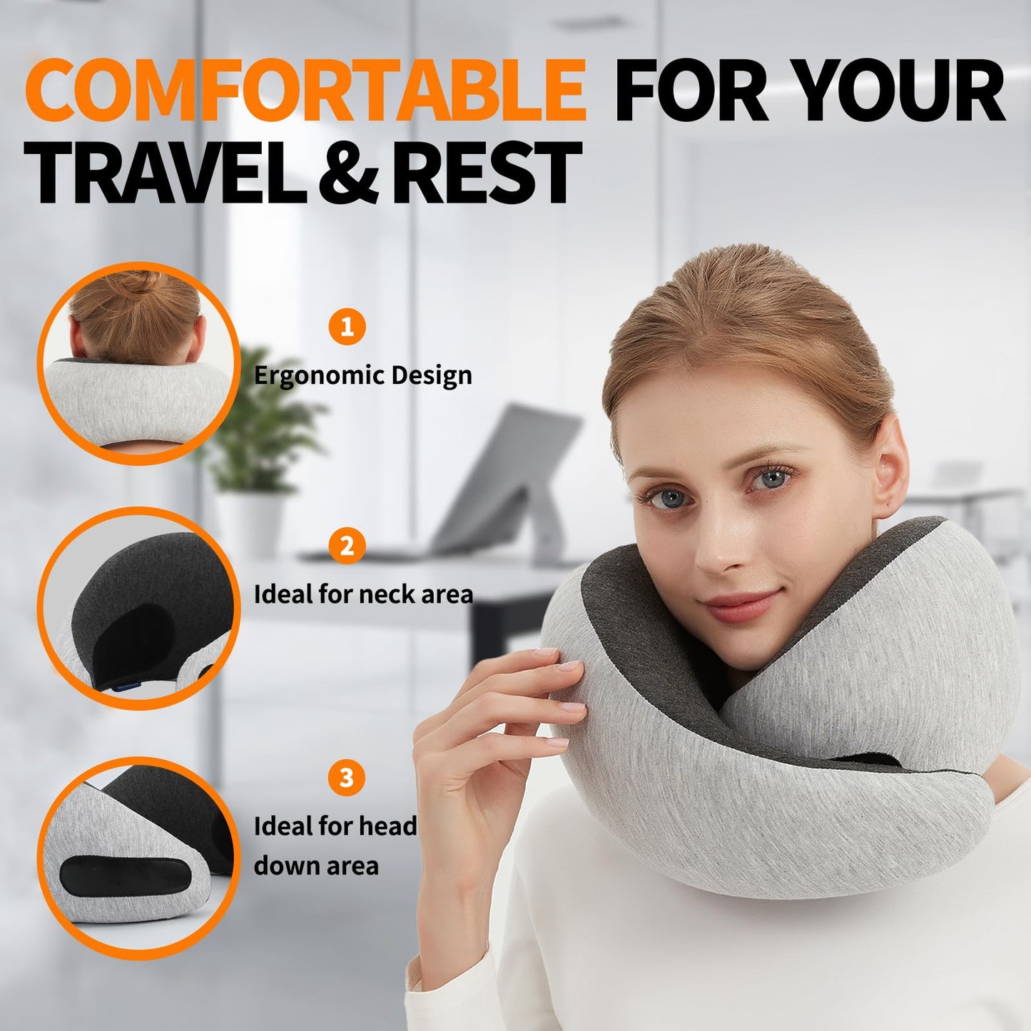 RKADIR Travel Neck Pillow Airplane, Memory Foam Travel Pillows for Comfort on Sleeper Hold Compact and Ergonomic Design for Traveling Car Rides Home Road Trip Essentials for Adults and Kids (Grey)