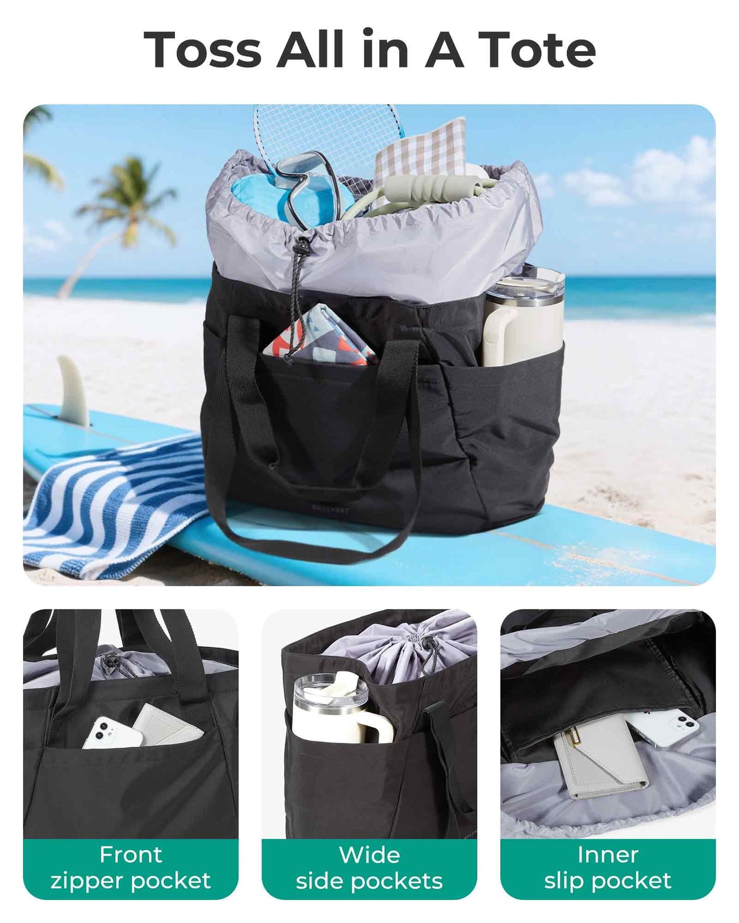 BAGSMART Large Tote Bag for Women, 32L Expandable Reusable Grocery Bag, Foldable Handbag for Shopping Gym College Overnight, Black