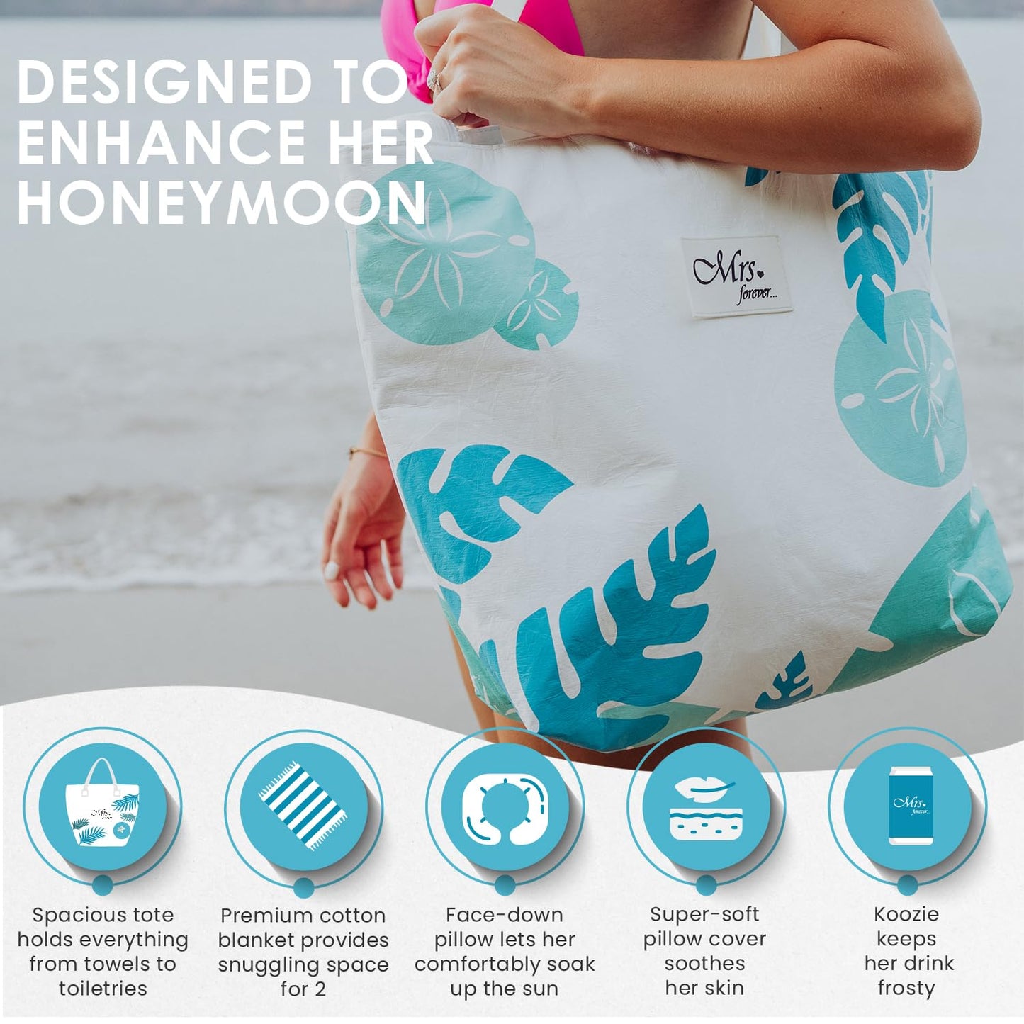 Unique Bridal Shower Beach Gifts Set - 4 Amazing Mrs Bride Gifts for her - Honeymoon Travel Essentials & Bridal Shower Gifts