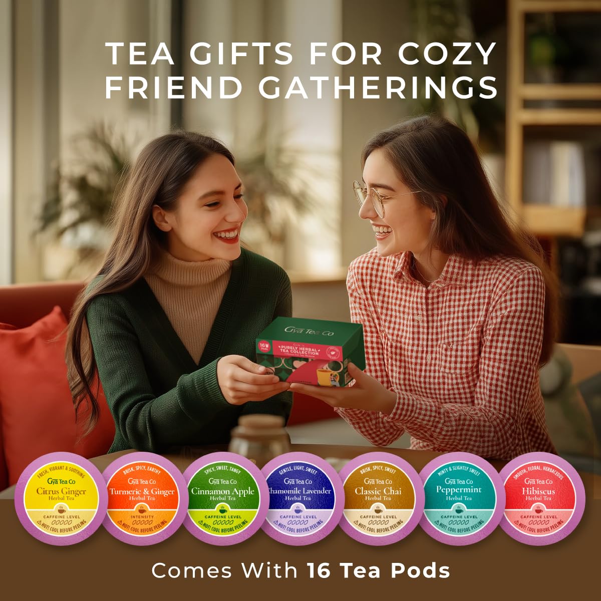 Gya Tea Co Caffeine Free Tea Gift Set Purely Herbal Collection Tea Pod (16 ct) - 7 Flavors Assorted Variety Pack with Hibiscus, Chamomile & Ginger
