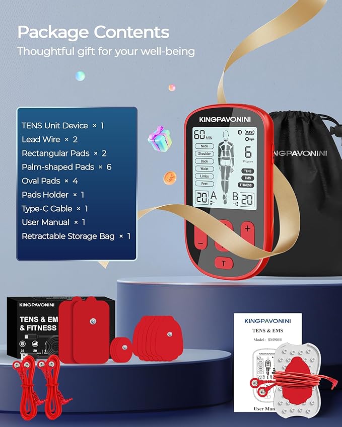 KingPavonini 3-in-1 TENS Unit Muscle Stimulator for Pain Relief Therapy, Dual Channel 36 Modes TENS Machine with 12 Pads, Rechargeable & Portable EMS Muscle Stimulator for Back, Shoulder, Neck