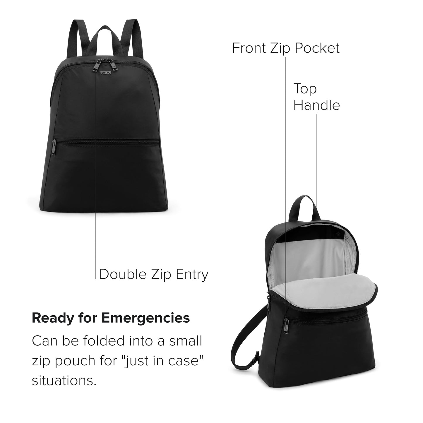 TUMI - Just In Case Foldable Backpack - Lightweight, Compact Travel Backpack - For One Bag Travel - 15.5" X 12.3" X 4.5" - Black with Gunmetal Hardware
