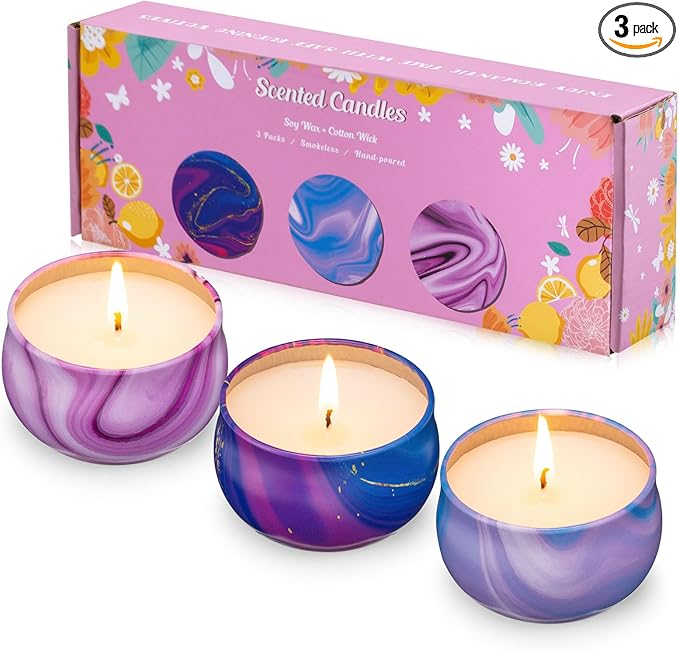 Hausware 3 Pack Scented Candles, 2.5 oz Aromatherapy Candles with Floral Scents,Soy Candles Set with 72H Burning Time,Ideal Gift for Womens(Lemon+Sage+Peony&Cherry Blossom)
