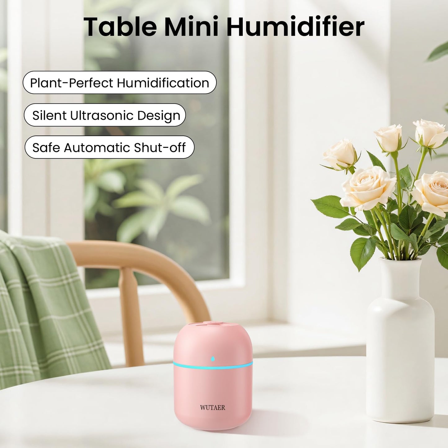 Portable Small Humidifier, WUTAER USB Personal Desktop Humidifier for Car, Office Room, Bedroom, Auto Shut-Off, 2 Mist Modes, Super Quiet(220ml, Pink)