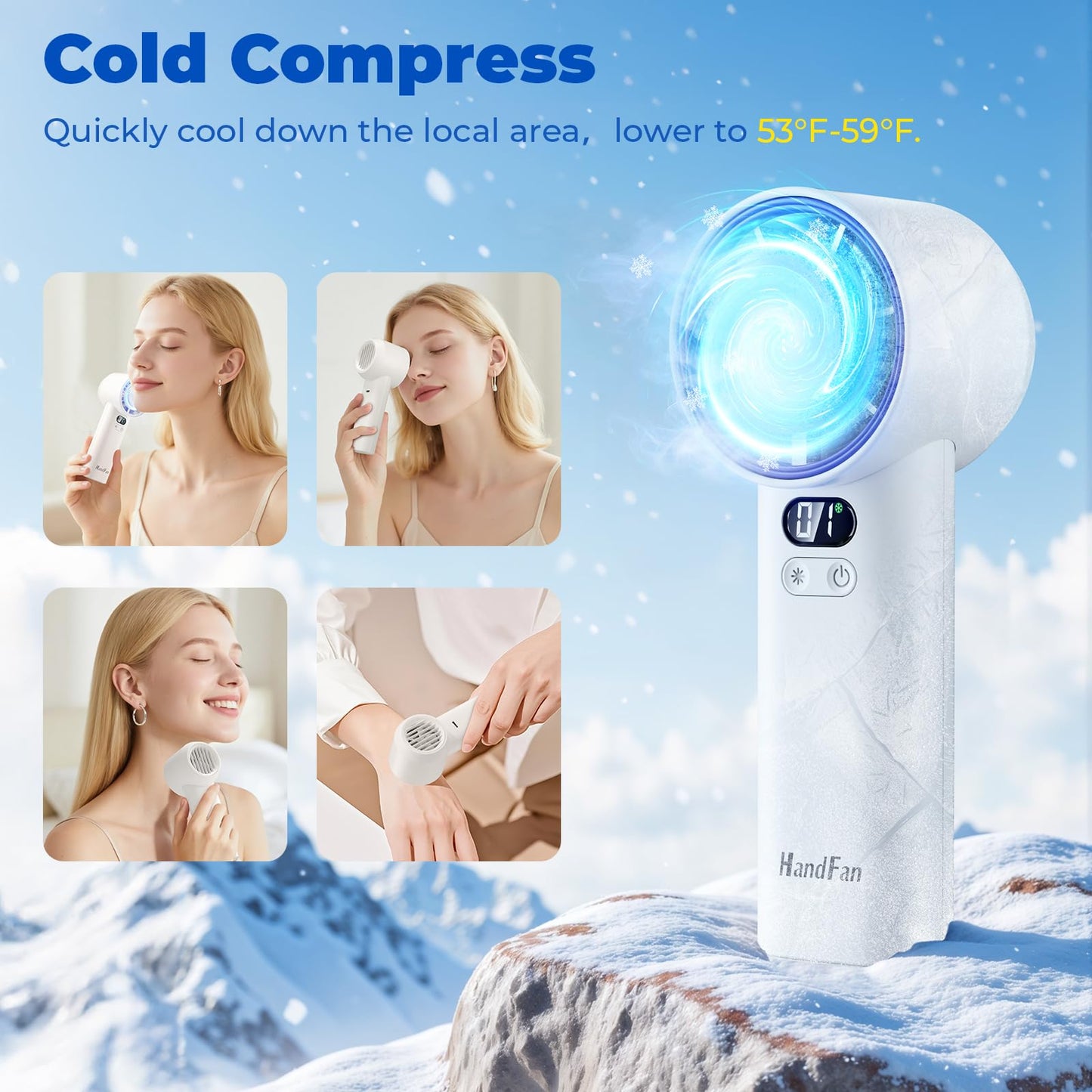 HandFan 5200mAh Portable Handheld Turbo Fan, 13000RPM Powerful Cooling Ice Fan, Mini Hand Fan Rechargeable, 100 Speeds Adjustable, Digital Display, Pocket Fans for Travel Beach Outdoors(White)