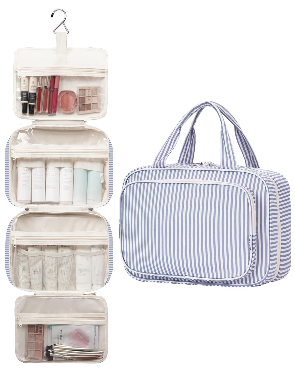 Narwey Striped Travel Toiletry Bag for Women Large Hanging Makeup Bag Organizer Toiletries Bag for Full Size Essentials Accessories Cosmetics (Greyish Blue Stripe (Large))